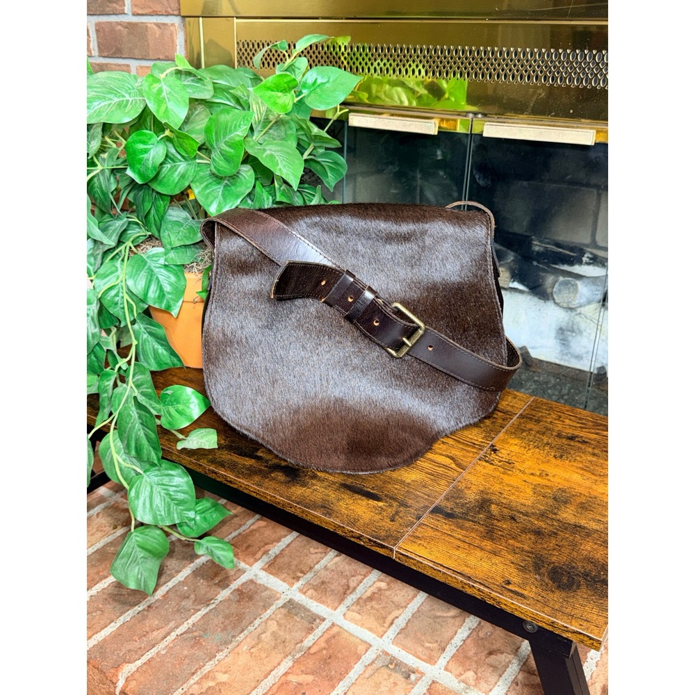 Patricia Nash Crossbody Cavalino Dark Brown Calf Hair Leather Saddle Bag Large